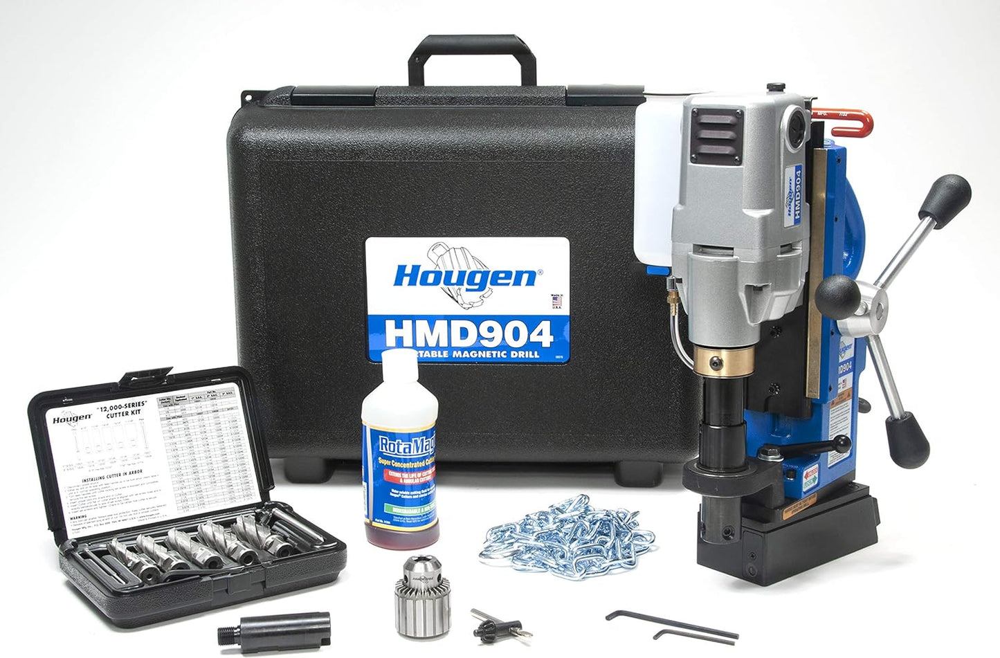 Hougen HMD904S 115-Volt Swivel Base Magnetic Drill Fabricator's Kit with Integrated Coolant Bottle Plus 1/2" Drill Chuck, Adapter, and 12002 Rotabroach Cutter Kit