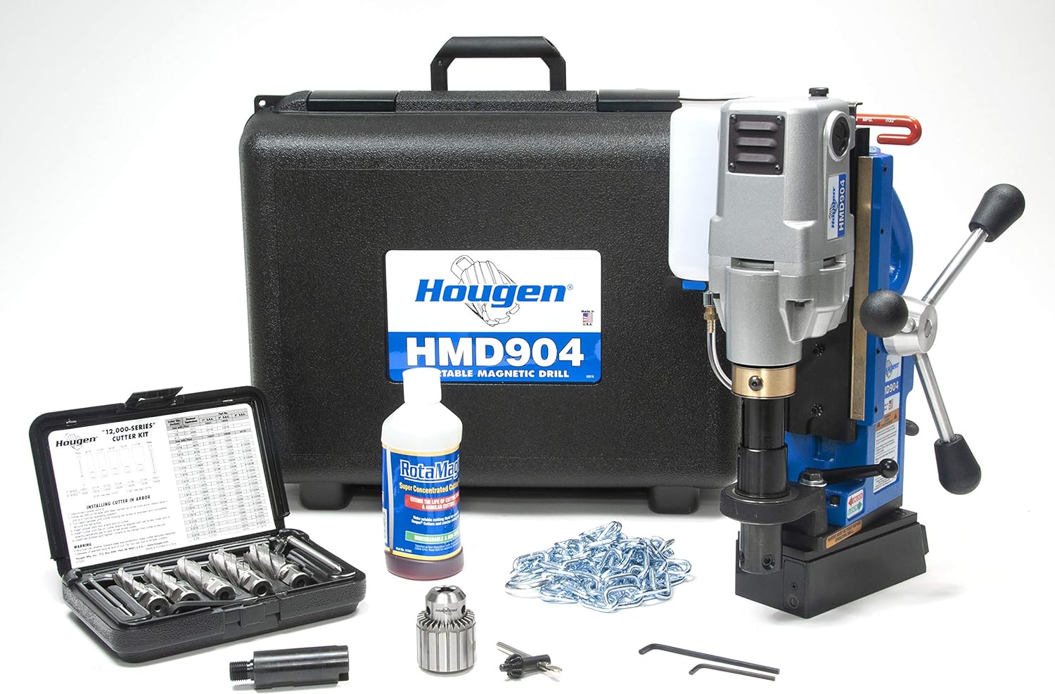 Hougen HMD904S 115-Volt Swivel Base Magnetic Drill Fabricator's Kit with Integrated Coolant Bottle Plus 1/2" Drill Chuck, Adapter, and 12002 Rotabroach Cutter Kit