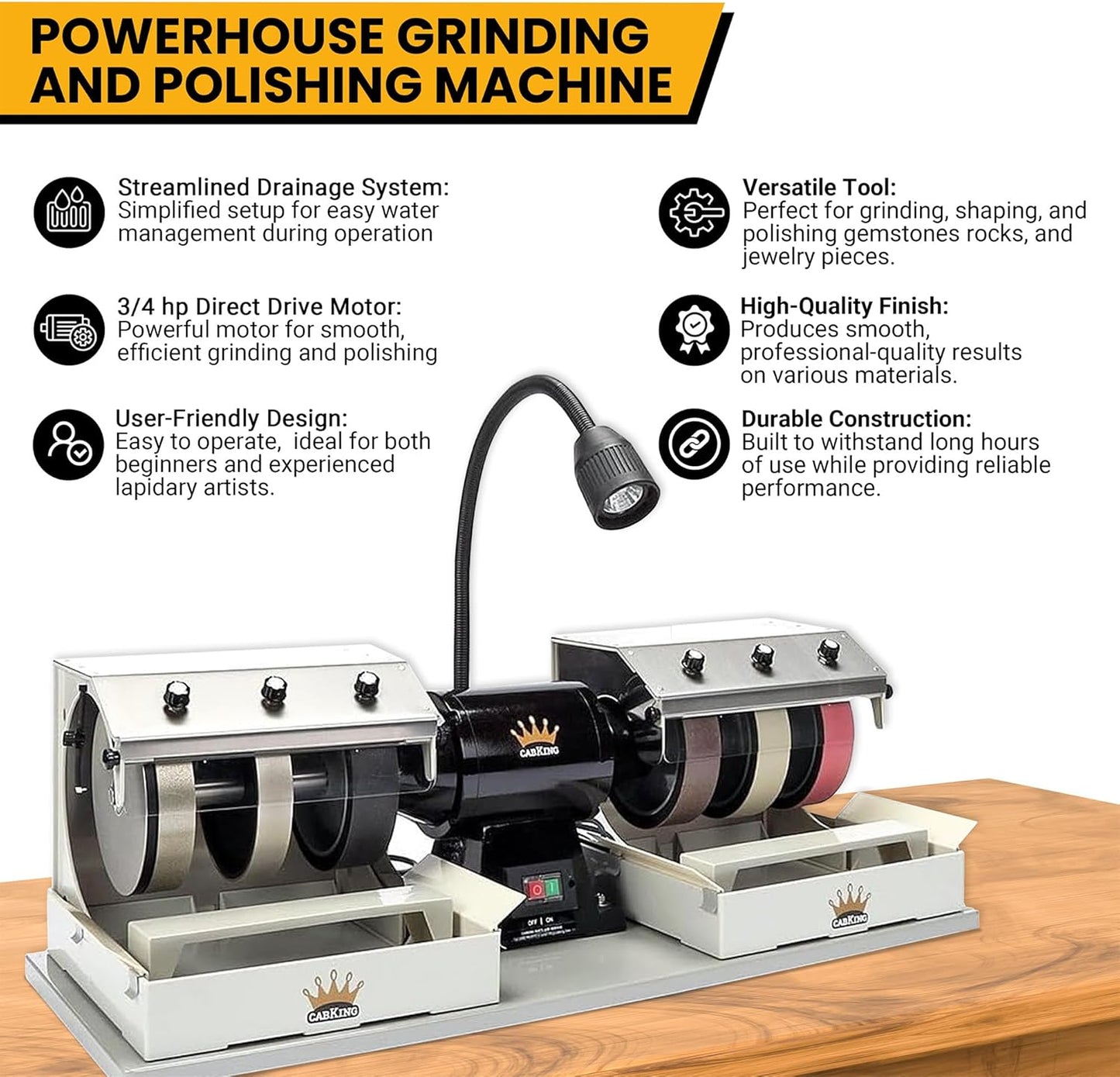 CabKing Cabbing Machine Lapidary Equipment - Gem Stone Grinder, Jewelry Stone Polisher - Includes Diamond Wheels, LED Lamp, Water System & Accessories - 8" Jewelry Polishing Machine - CABKING-8V1