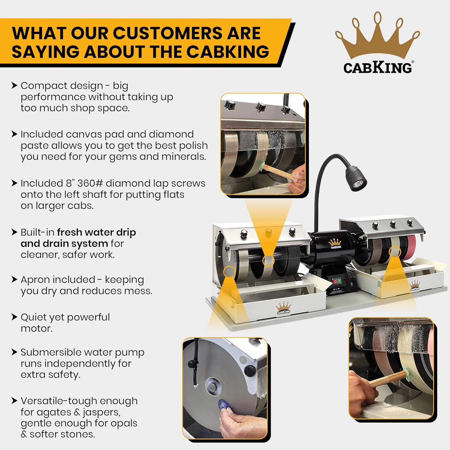 CabKing Cabbing Machine Lapidary Equipment - Gem Stone Grinder, Jewelry Stone Polisher - Includes Diamond Wheels, LED Lamp, Water System & Accessories - 8" Jewelry Polishing Machine - CABKING-8V1
