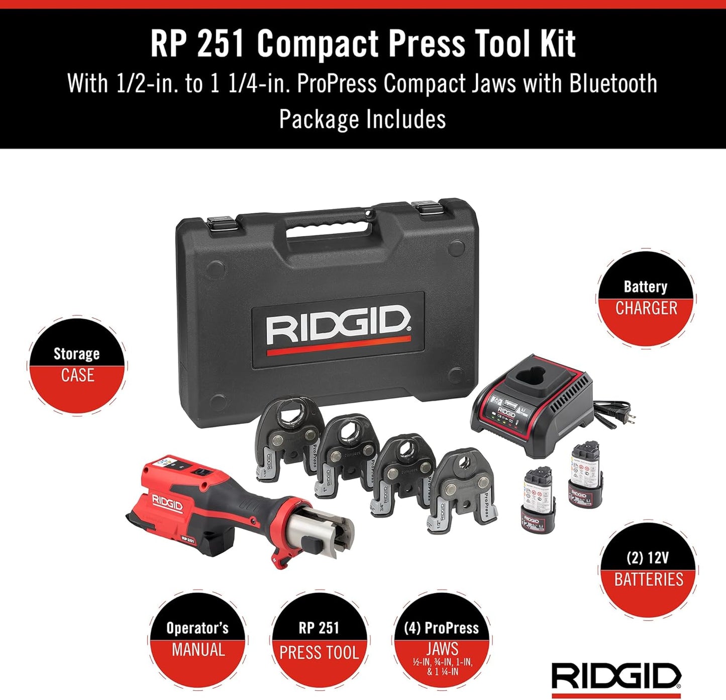 RIDGID 78148 RP 251 Compact Press Tool Battery Kit with ProPress Jaws (1/2" to 1-1/4"), In-Line Pressing Tool for Copper, Stainless Steel, PEX, and Carbon Steel