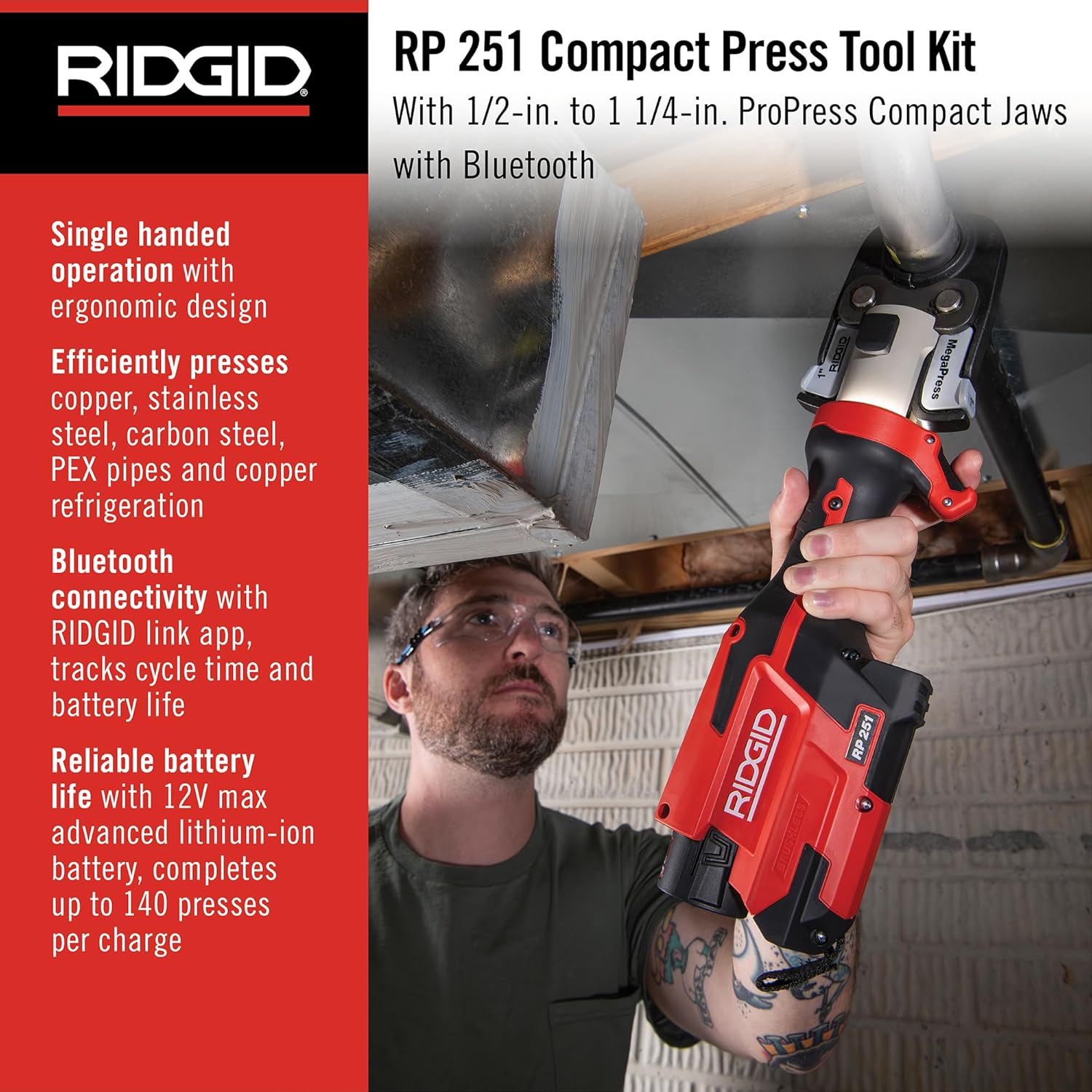 RIDGID 78148 RP 251 Compact Press Tool Battery Kit with ProPress Jaws (1/2" to 1-1/4"), In-Line Pressing Tool for Copper, Stainless Steel, PEX, and Carbon Steel