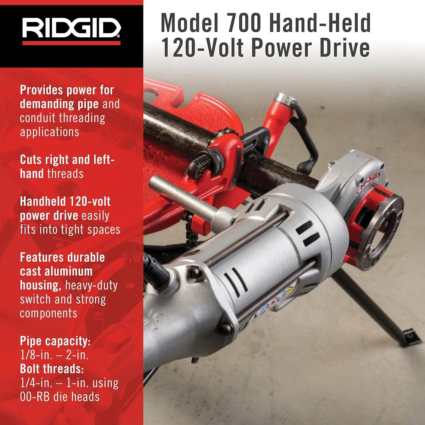 RIDGID 41935 Model 700 Hand-Held 120-Volt Power Drive Pipe Threader, Compatible with RIDGID 12-R, 00-R, 00-RB, and 11-R Die Heads, Silver