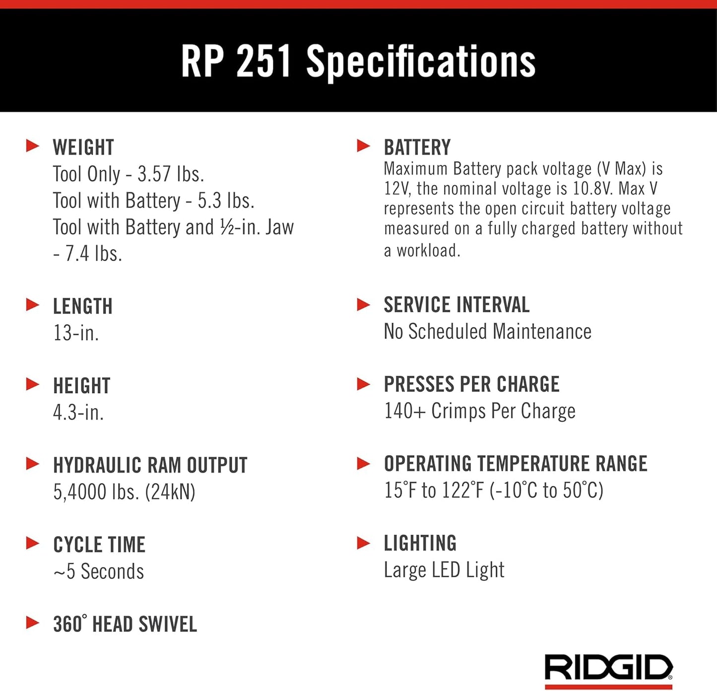 RIDGID 78148 RP 251 Compact Press Tool Battery Kit with ProPress Jaws (1/2" to 1-1/4"), In-Line Pressing Tool for Copper, Stainless Steel, PEX, and Carbon Steel