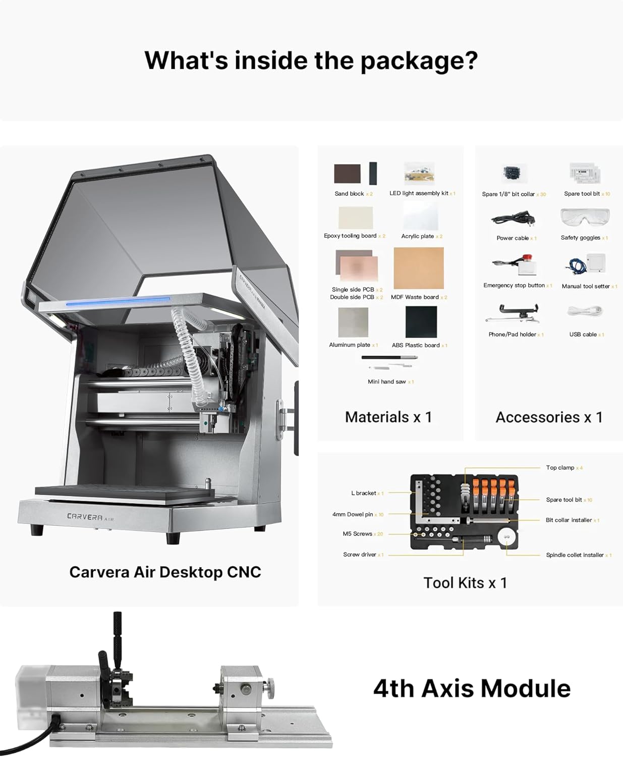 Carvera Air Desktop CNC Machine with 4th Axis, Compact Enclosed Mini CNC Router, Quick Tool Changer, Closed-Loop Control, Beginner-Friendly CAM Software for Milling, Cutting, Engraving, DIY, Crafts