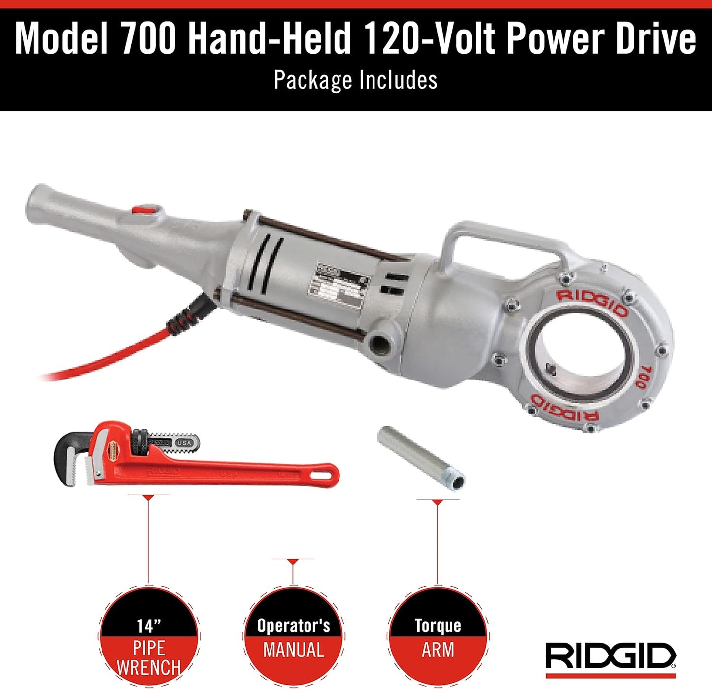 RIDGID 41935 Model 700 Hand-Held 120-Volt Power Drive Pipe Threader, Compatible with RIDGID 12-R, 00-R, 00-RB, and 11-R Die Heads, Silver