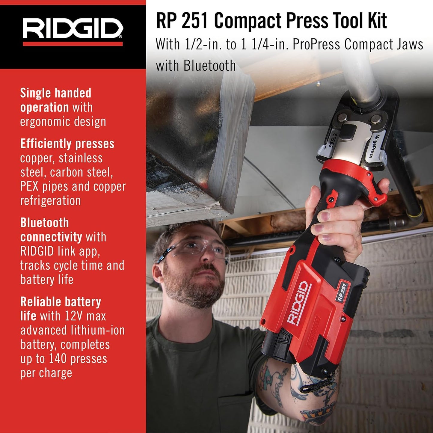 RIDGID 78148 RP 251 Compact Press Tool Battery Kit with ProPress Jaws (1/2" to 1-1/4"), In-Line Pressing Tool for Copper, Stainless Steel, PEX, and Carbon Steel